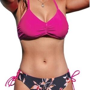 Cupshe Bikini set back braided straps lace up reversible Bottom Pink Floral S